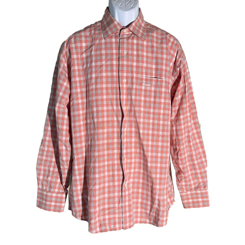 ALEX CANNON Men's Long Sleeve Button Down Plaid Shirt Orange‎ White Large